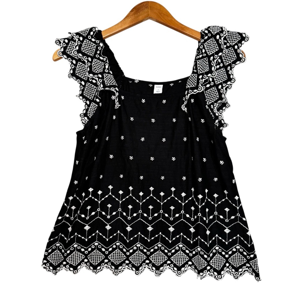 Old Navy Black Embroidered Boho Top S Flutter Sleeve Cottagecore Festival Style